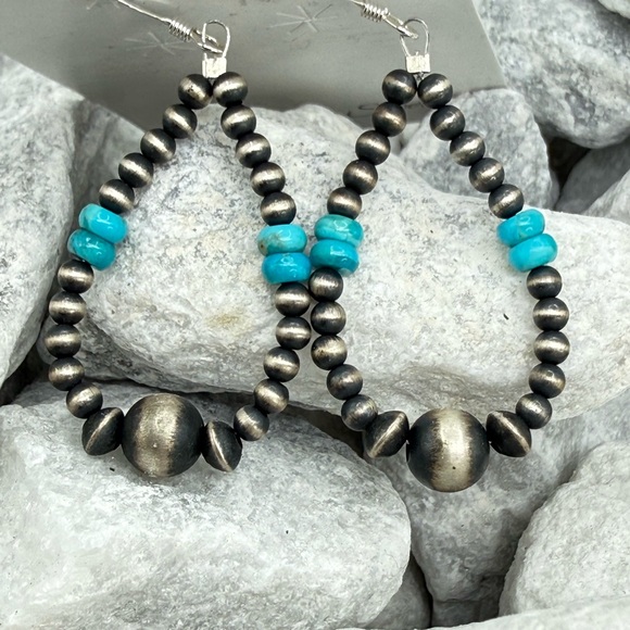 Navajo Jewelry - Sterling Silver Navajo Pearl Turquoise Dangle Earrings 2” Southwest Style